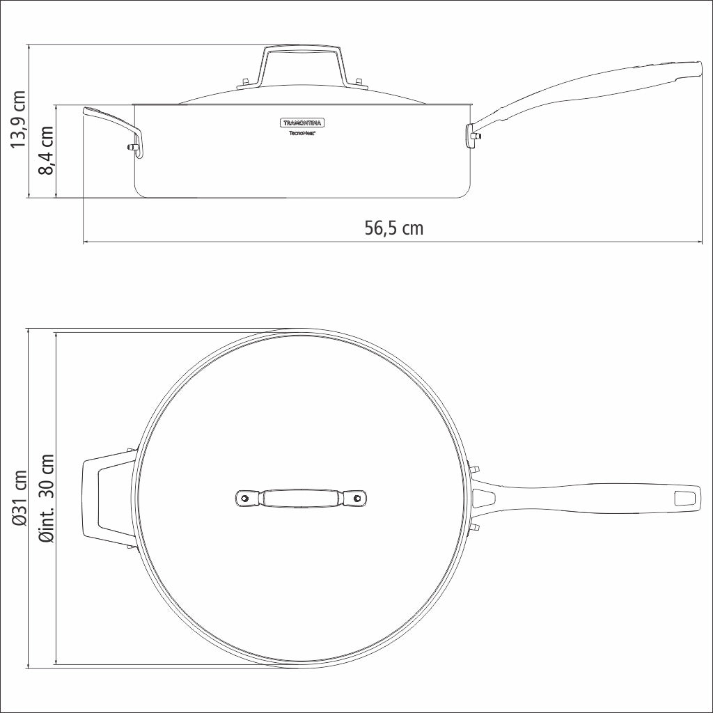 <tc>Tramontina GRANO 30 cm 5,6 l roostevabast terasest praepann koos kolmekihilise keha, kaane ja pika käepidemega</tc>
