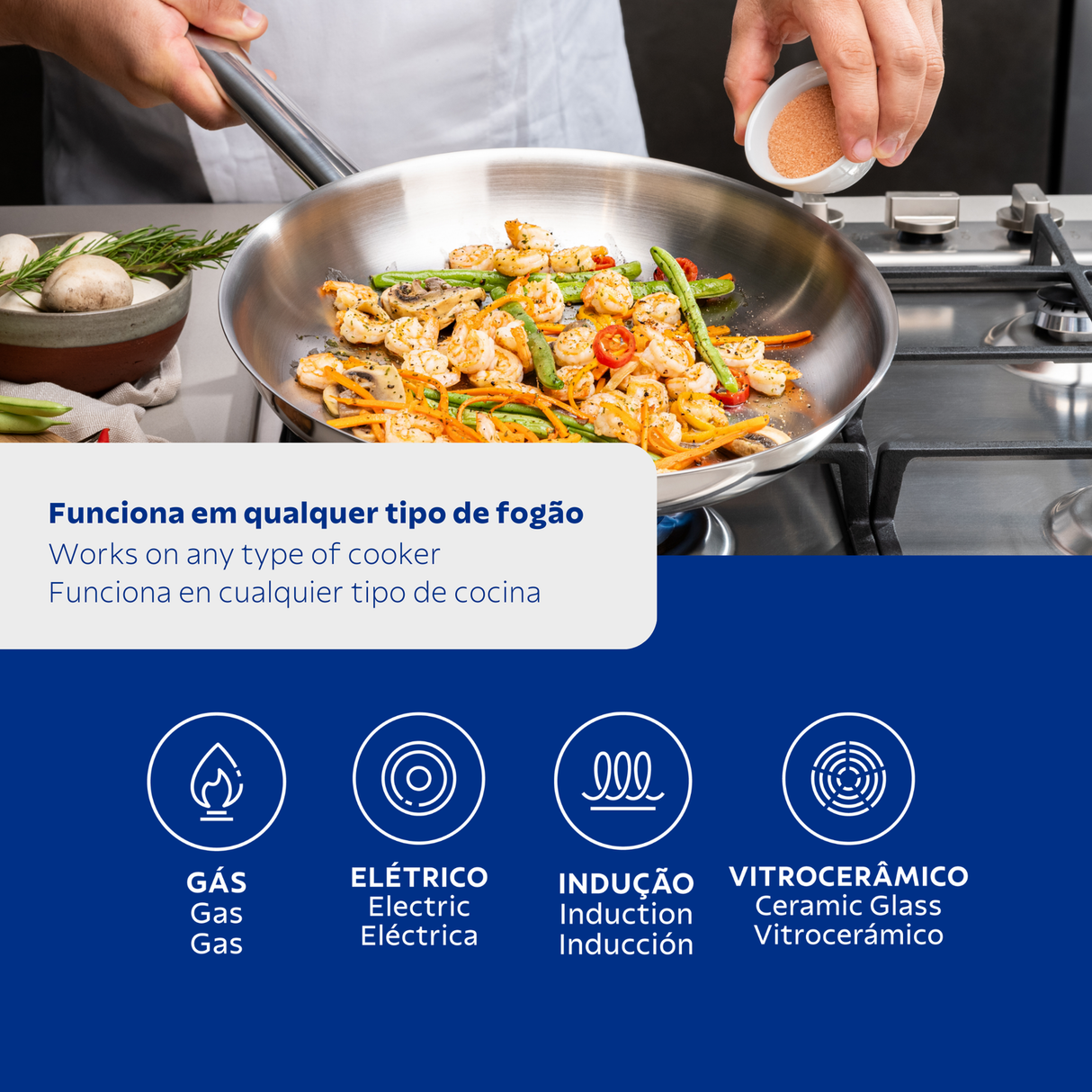 „Tramontina Professional“ negili nerūdijančio plieno keptuvė su ilga rankena ir trijų sluoksnių dugnu